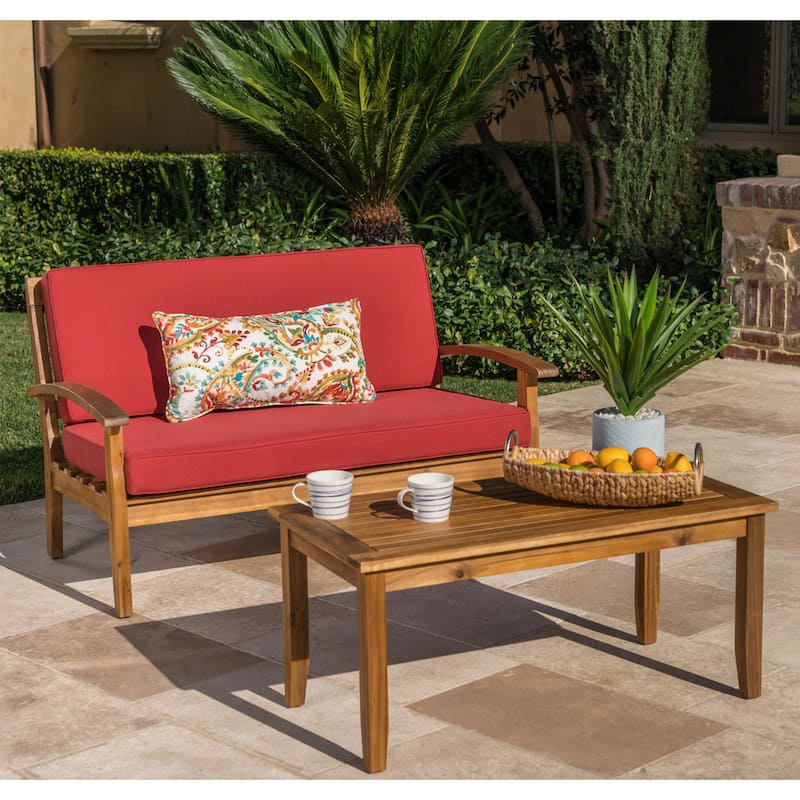 Peyton Outdoor Cushioned Acacia Wood Loveseat and Table Set by Christopher Knight Home - Red