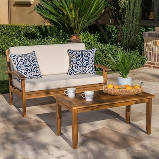 Peyton Outdoor Cushioned Acacia Wood Loveseat and Table Set by Christopher Knight Home