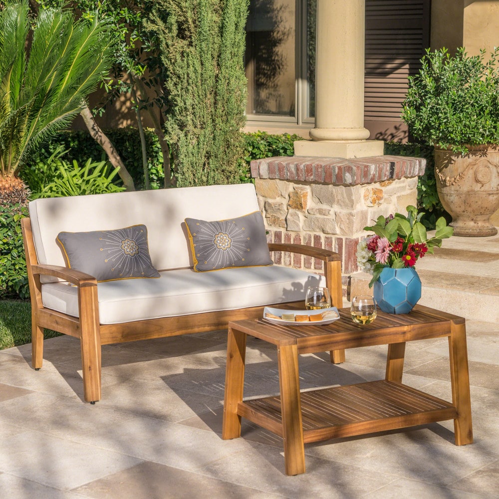 Christopher Knight Home Grenada Outdoor Acacia Wood Loveseat and Coffee Table Set with Water Resistant Cushions Teak Finish Red 
