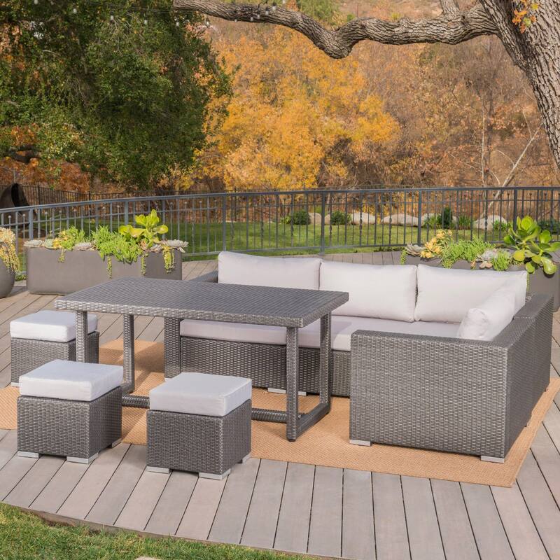 Santa Rosa Outdoor 8-Piece Rectangle Aluminum Wicker Dining Sofa Set with Cushions by Christopher Knight Home