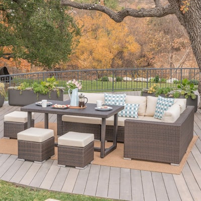 Santa Rosa Outdoor 8-Piece Rectangle Aluminum Wicker Dining Sofa Set with Cushions by Christopher Knight Home