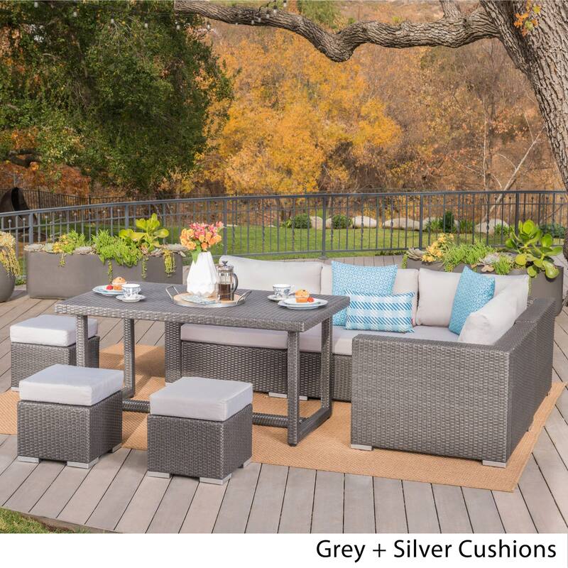 Santa Rosa Outdoor 8-Piece Rectangle Aluminum Wicker Dining Sofa Set with Cushions by Christopher Knight Home - Grey/Silver