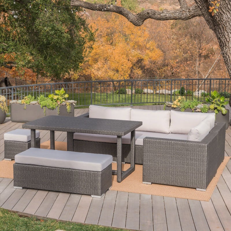Santa Rosa Outdoor 7-Piece Rectangle Aluminum Wicker Dining Sofa Set with Cushions by Christopher Knight Home