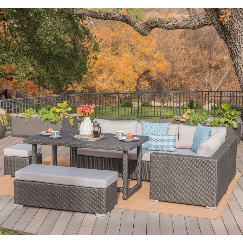Santa Rosa Outdoor 7-Piece Rectangle Aluminum Wicker Dining Sofa Set with Cushions by Christopher Knight Home - Grey