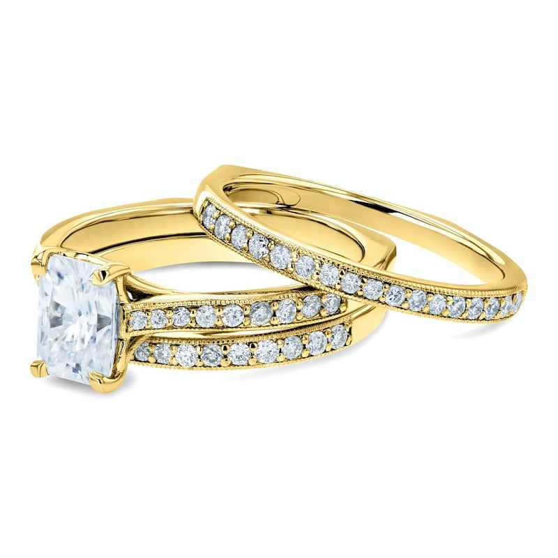 Annello by Kobelli 14k Gold 1 4/5ct TGW Radiant Forever One Moissanite and Diamond Trellis 3-Piece Bridal Rings (DEF/VS, GH/I)