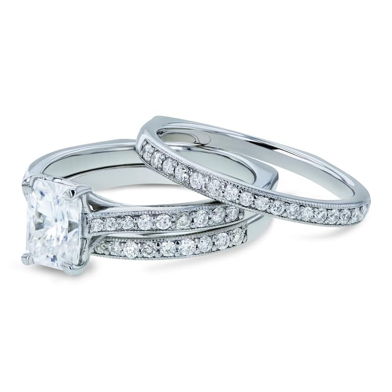 Annello by Kobelli 14k Gold 1 4/5ct TGW Radiant Forever One Moissanite and Diamond Trellis 3-Piece Bridal Rings (DEF/VS, GH/I)
