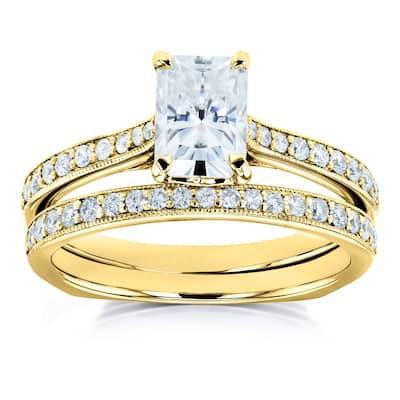 Annello by Kobelli 14k Gold 1 3/5ct TGW Radiant Moissanite and Diamond Square Band Trellis Bridal Rings Set (DEF/VS, GH/I)