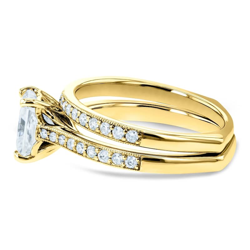 Annello by Kobelli 14k Gold 1 3/5ct TGW Radiant Moissanite and Diamond Square Band Trellis Bridal Rings Set (DEF/VS, GH/I)