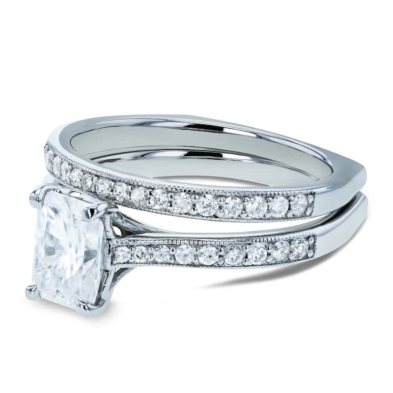 Annello by Kobelli 14k Gold 1 3/5ct TGW Radiant Moissanite and Diamond Square Band Trellis Bridal Rings Set (DEF/VS, GH/I)