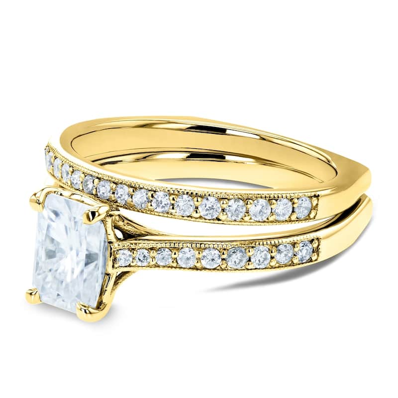 Annello by Kobelli 14k Gold 1 3/5ct TGW Radiant Moissanite and Diamond Square Band Trellis Bridal Rings Set (DEF/VS, GH/I)