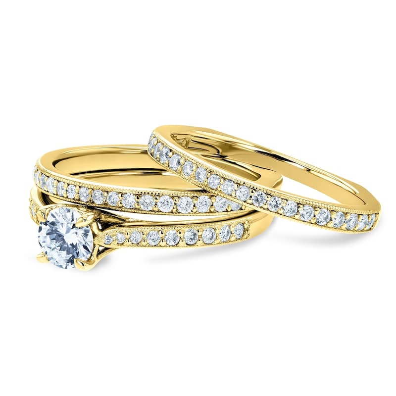 Annello by Kobelli 14K Gold 1ct TGW Forever One Moissanite and Diamond Square European Shank Vintage Trellis 3 Piece Bridal Set