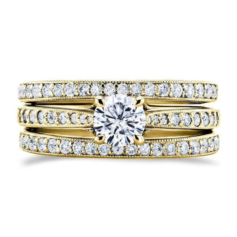 Annello by Kobelli 14K Gold 1ct TGW Forever One Moissanite and Diamond Square European Shank Vintage Trellis 3 Piece Bridal Set