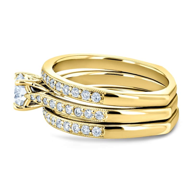 Kobelli 1 Carat Natural Diamond 14k Solid Gold Square European Shank Vintage Trellis 3pc Bridal Set