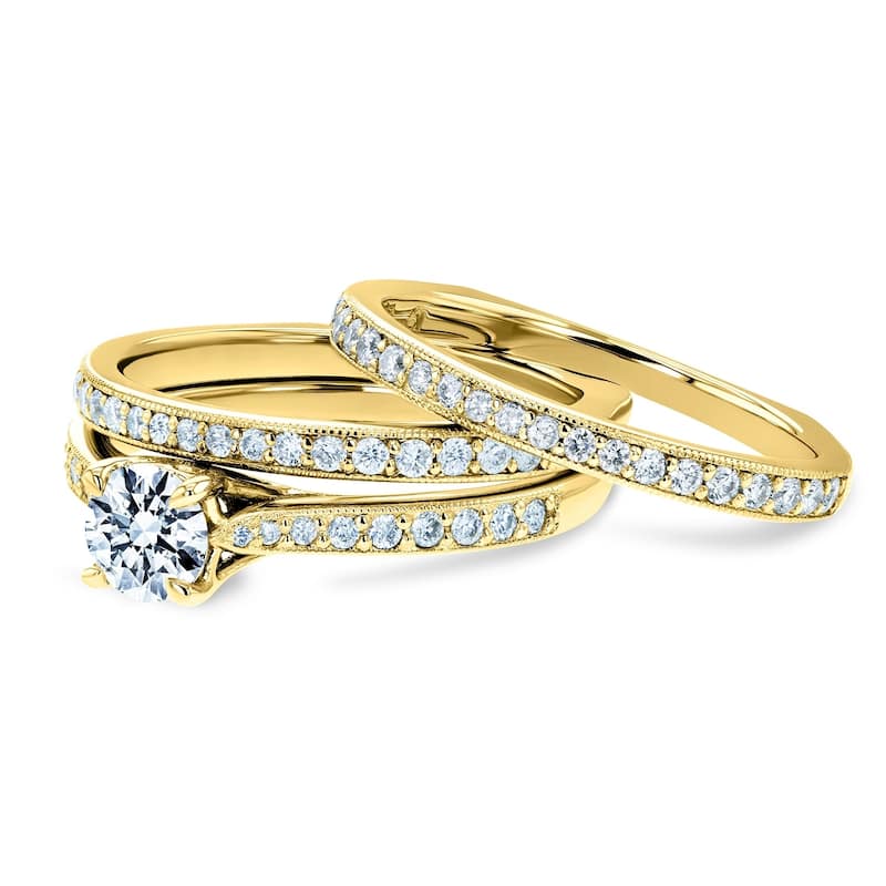Kobelli 1 Carat Natural Diamond 14k Solid Gold Square European Shank Vintage Trellis 3pc Bridal Set