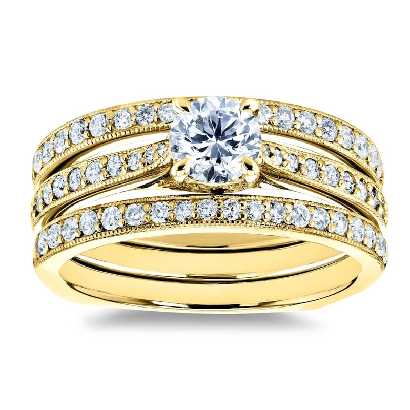 Kobelli 1 Carat Natural Diamond 14k Solid Gold Square European Shank Vintage Trellis 3pc Bridal Set