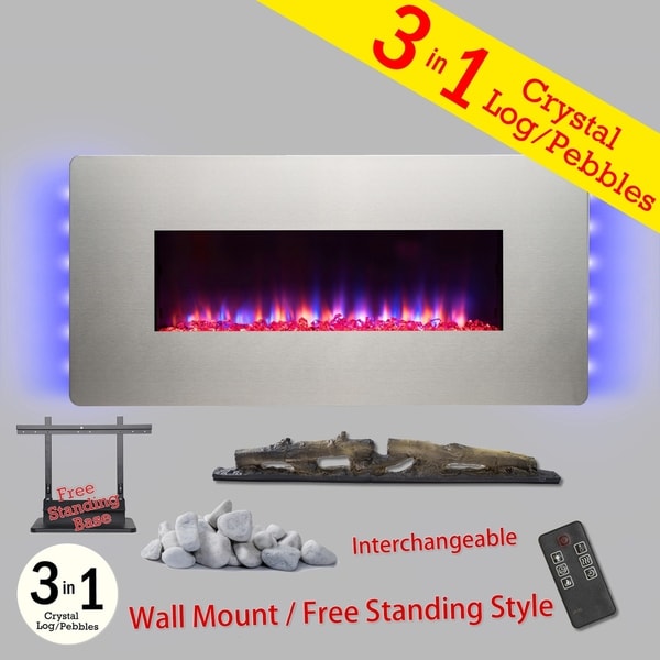 Golden Vantage FP0071 3-n-1 48" Stainless Steel Freestanding Electric Fireplace Remote Interchangeable Logs Heater