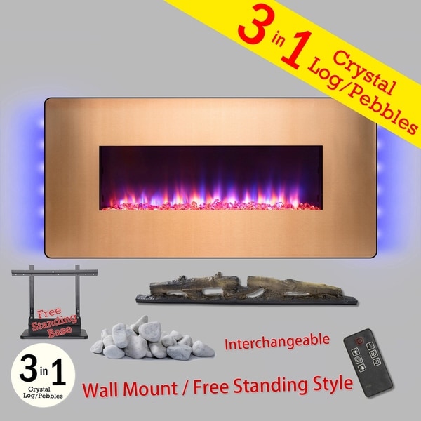 Golden Vantage FP0074 48" Wall Mount Freestanding Electric Fireplace Remote 3D Flames Logs Pebbles Heater