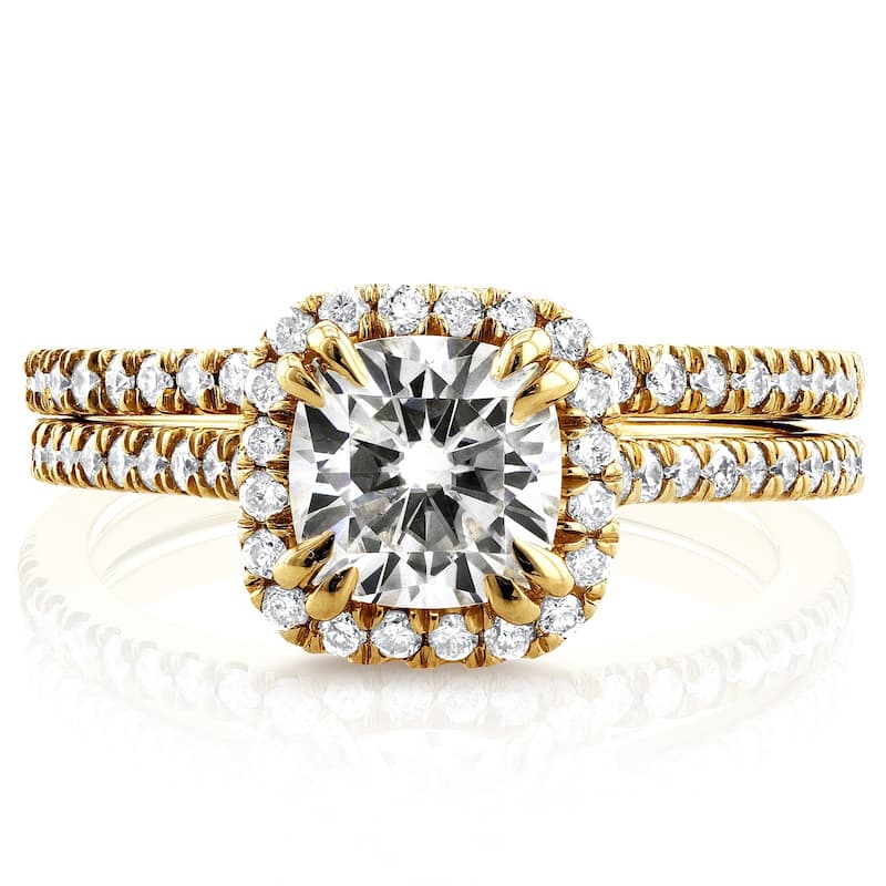 Annello by Kobelli 14k Gold 1 1/2ct TGW Cushion-cut Moissanite and Diamond Halo Trellis Bridal Rings Set (GH/VS, GH/I)