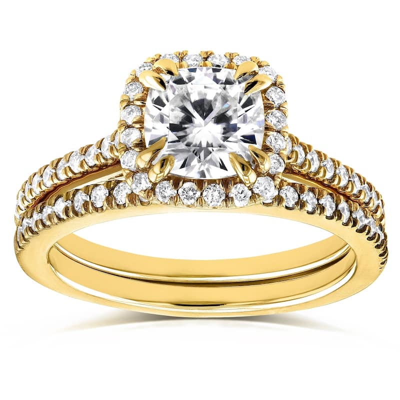 Annello by Kobelli 14k Gold 1 1/2ct TGW Cushion-cut Moissanite and Diamond Halo Trellis Bridal Rings Set (GH/VS, GH/I)