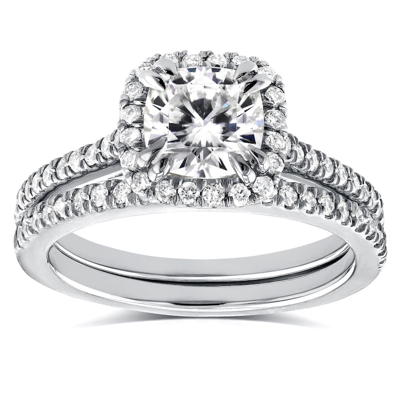 Annello by Kobelli 14k Gold 1 1/2ct TGW Cushion-cut Moissanite and Diamond Halo Trellis Bridal Rings Set (GH/VS, GH/I)