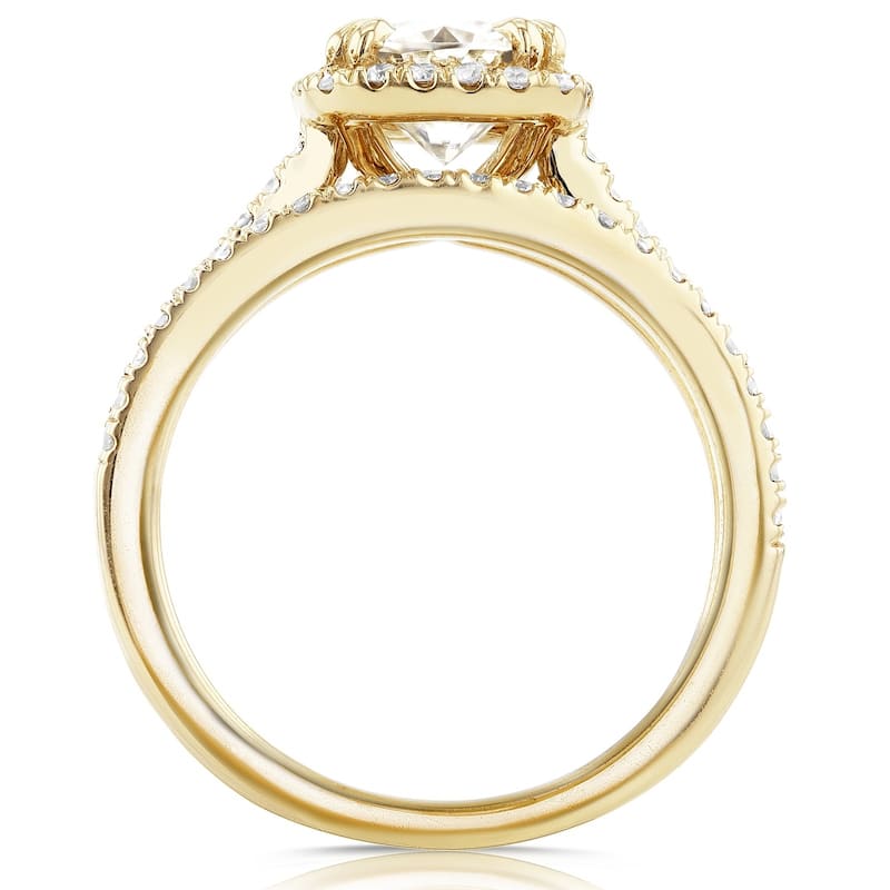 Annello by Kobelli 14k Gold 1 1/2ct TGW Cushion-cut Moissanite and Diamond Halo Trellis Bridal Rings Set (GH/VS, GH/I)
