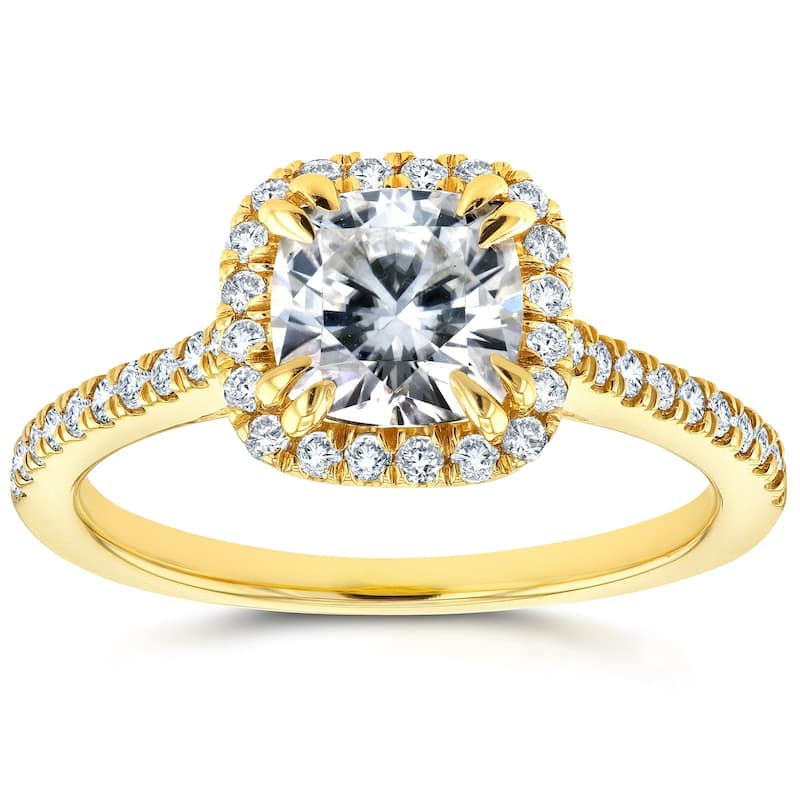 Annello by Kobelli 14k Gold 1 2/5ct TGW Cushion-cut Moissanite and Diamond Halo Trellis Engagement Ring