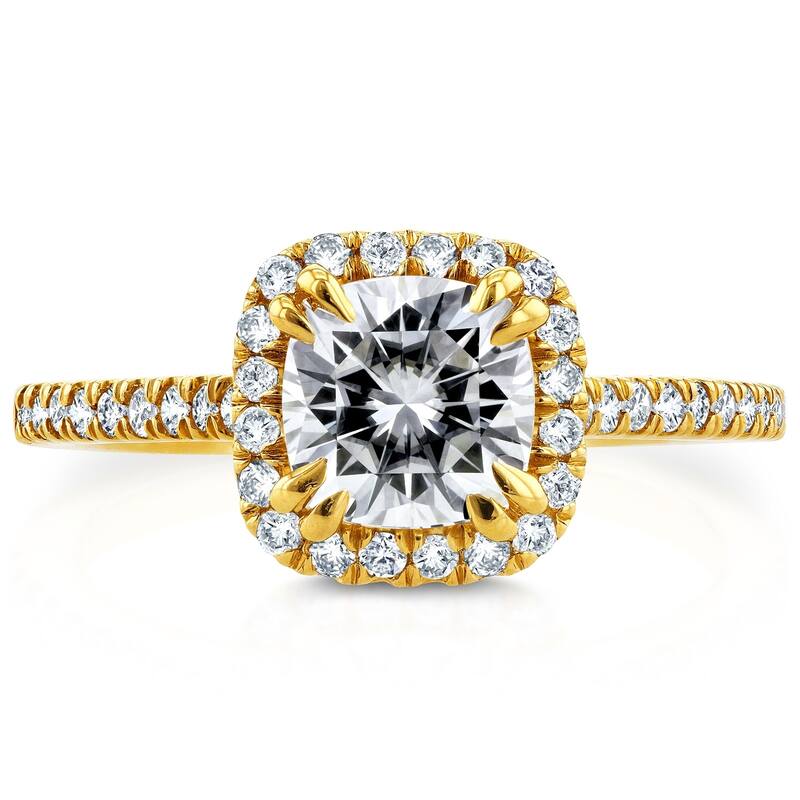 Annello by Kobelli 14k Gold 1 2/5ct TGW Cushion-cut Moissanite and Diamond Halo Trellis Engagement Ring