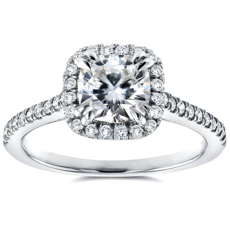 Annello by Kobelli 14k Gold 1 2/5ct TGW Cushion-cut Moissanite and Diamond Halo Trellis Engagement Ring