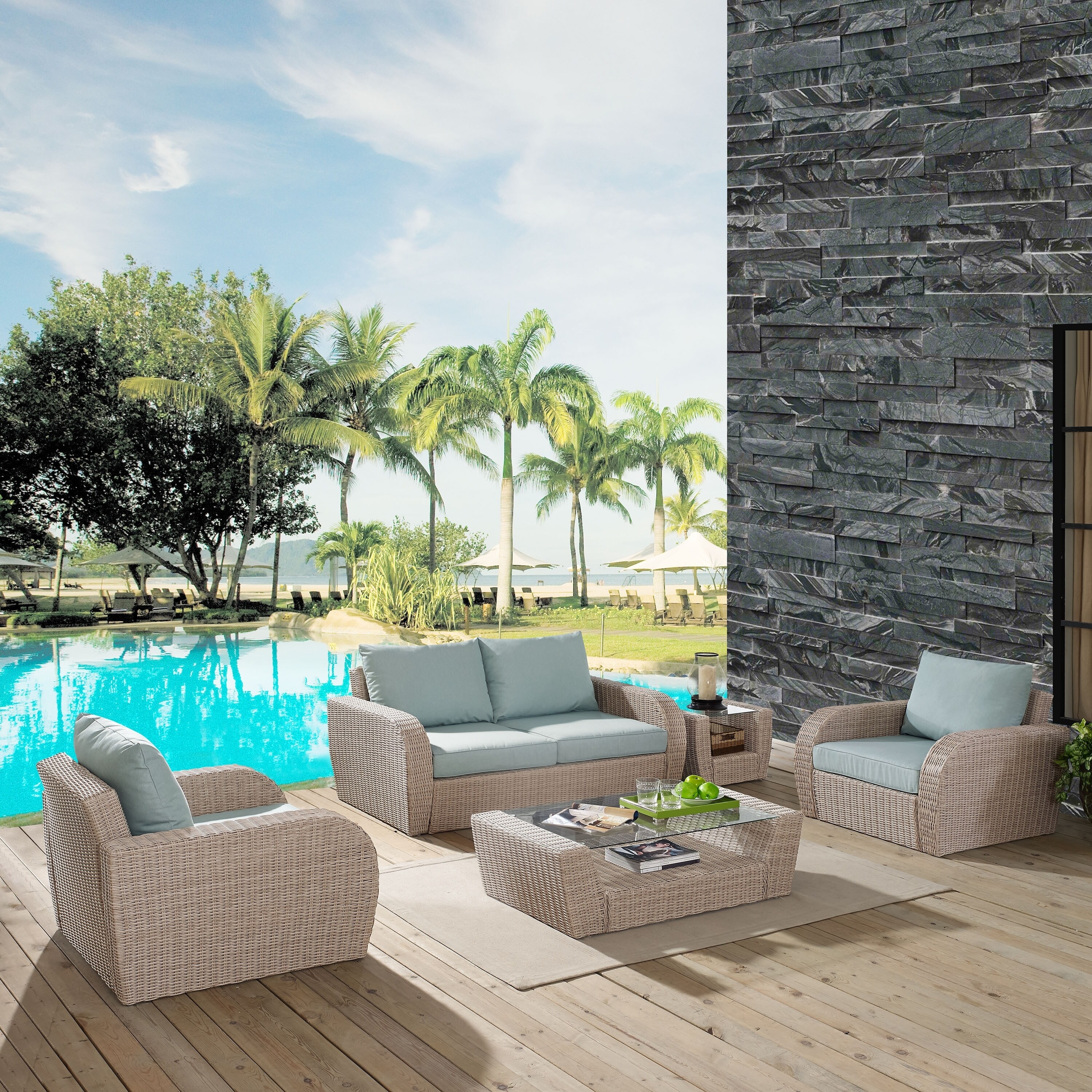 Shop St Augustine 5 Pc Outdoor Wicker Seating Set With Mist Cushion Loveseat Two Chairs Coffee Table Side Table Overstock 19841757