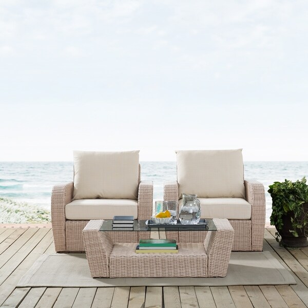 Shop st augustine 3 pc outdoor wicker seating set with oatmeal cushion two outdoor wicker