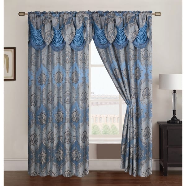 slide 7 of 10, Vernon Damask Jacquard 84 inch Rod Pocket Single Curtain Panel with Attached 18 inch Valance - 54 x 84 in. - 54 x 84 in. Blue