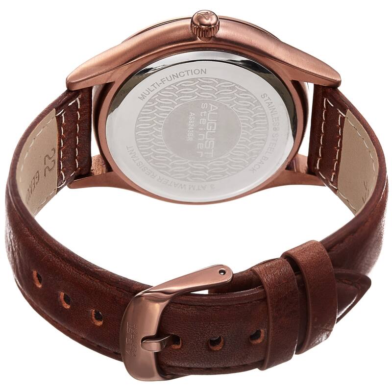 August Steiner Men's Quartz Date Day Checkered Brown Leather Strap Watch