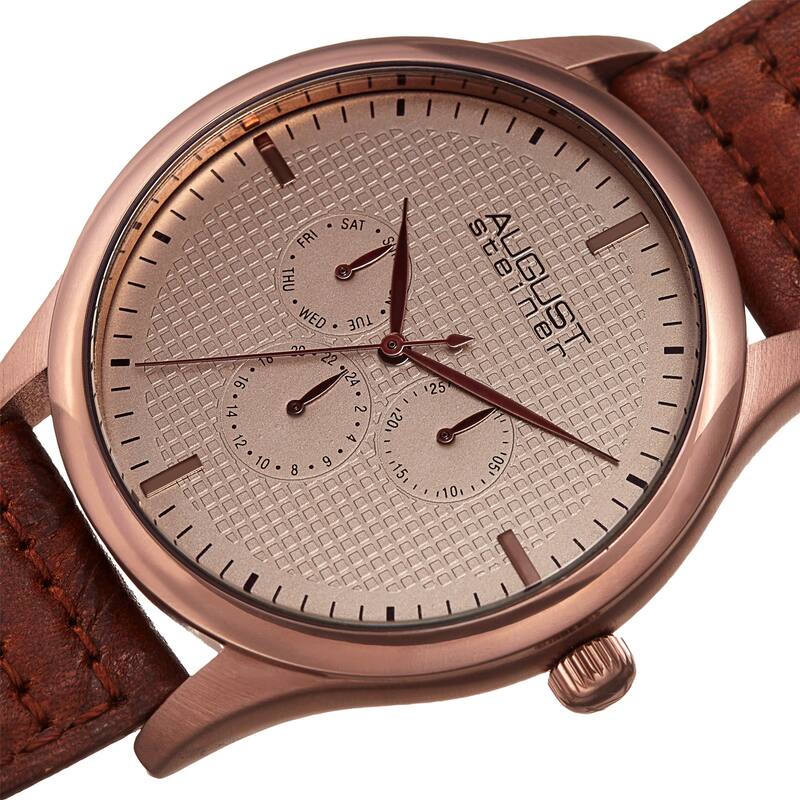August Steiner Men's Quartz Date Day Checkered Brown Leather Strap Watch
