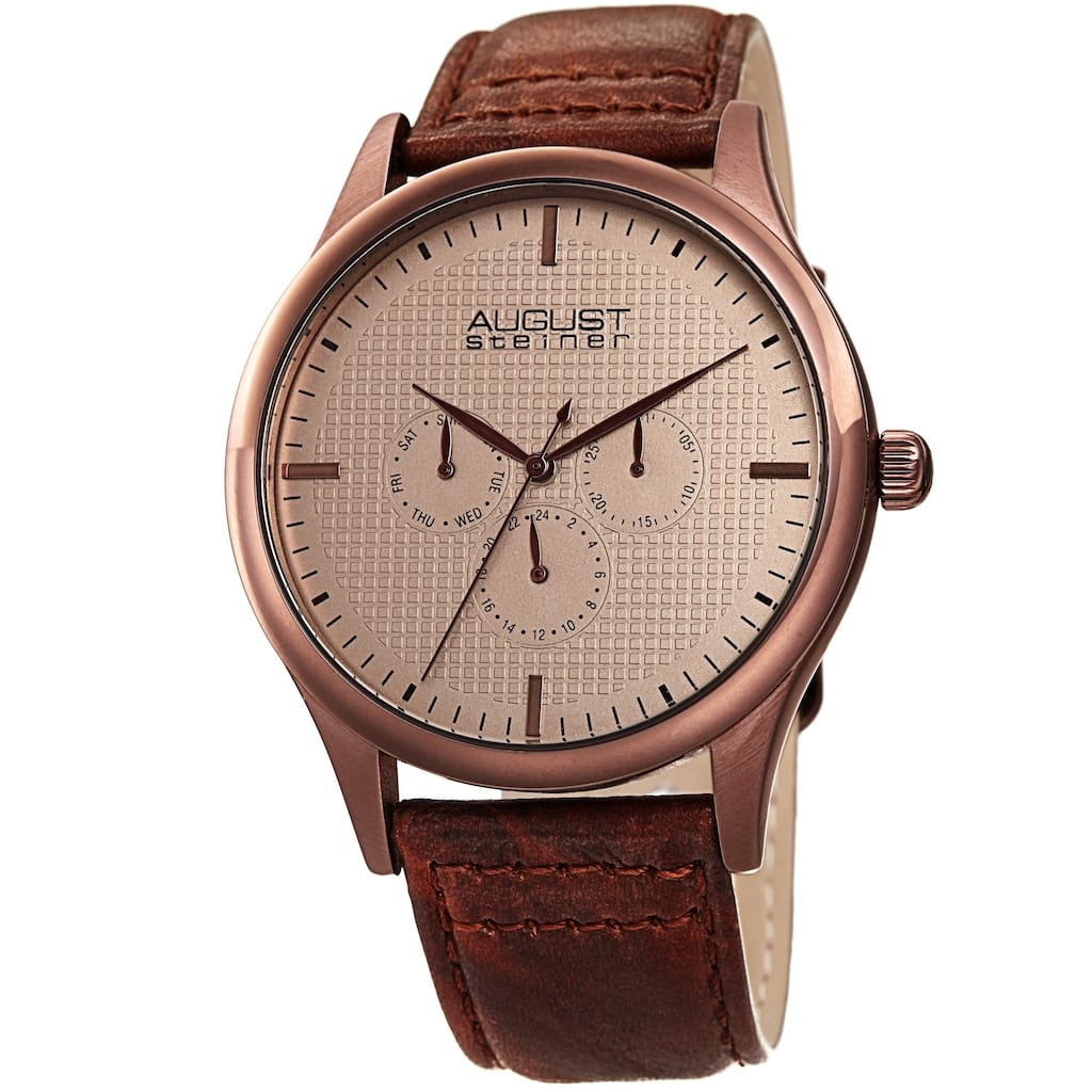 August Steiner Men's Quartz Date Day Checkered Brown Leather Strap Watch
