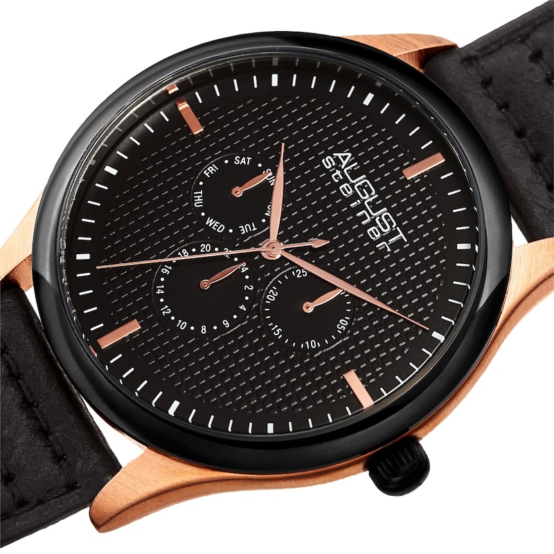 August Steiner Men's Quartz Date Day Checkered Black Leather Strap Watch