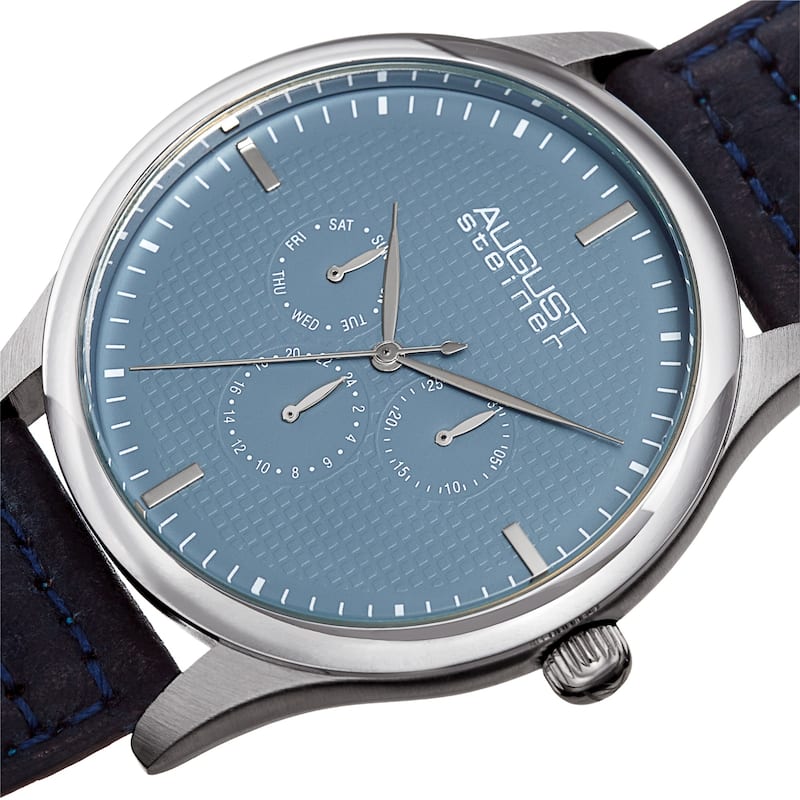 August Steiner Men's Quartz Date Day Checkered Blue Leather Strap Watch