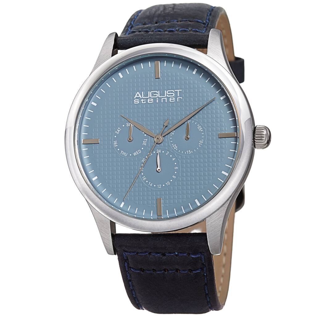 August Steiner Men's Quartz Date Day Checkered Blue Leather Strap Watch