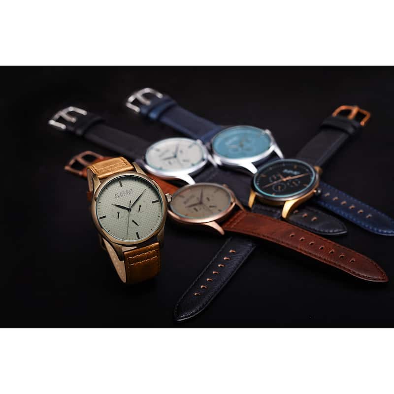 August Steiner Men's Quartz Date Day Checkered Leather Strap Watch