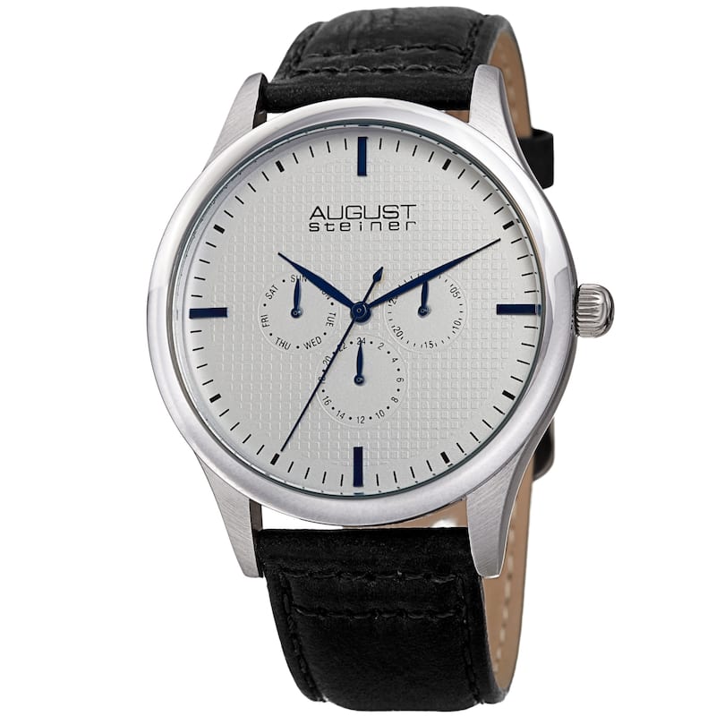 August Steiner Men's Quartz Date Day Checkered Leather Strap Watch - Silver/Black