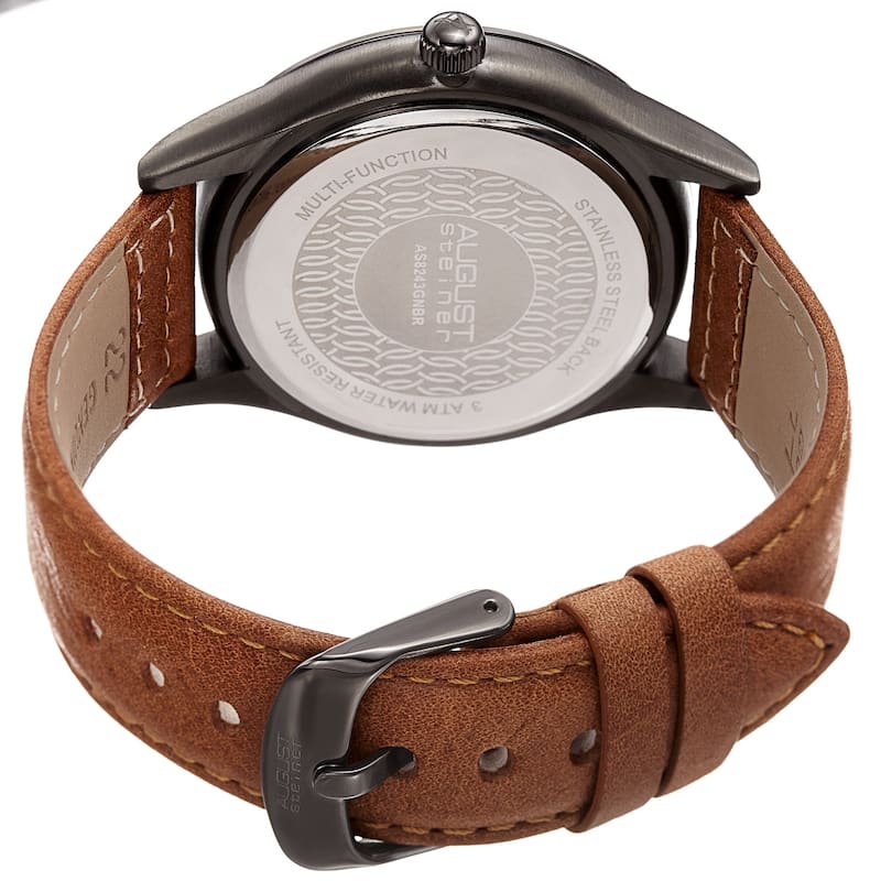 August Steiner Men's Quartz Date Day Checkered Leather Strap Watch