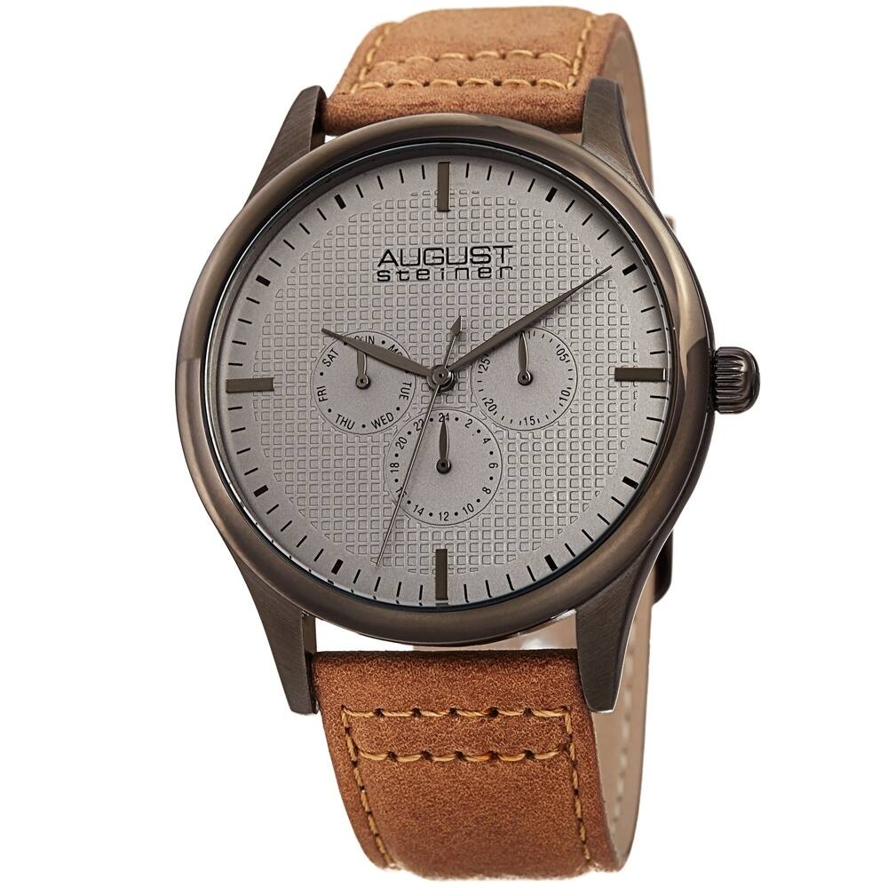 August Steiner Men's Quartz Date Day Checkered Leather Strap Watch