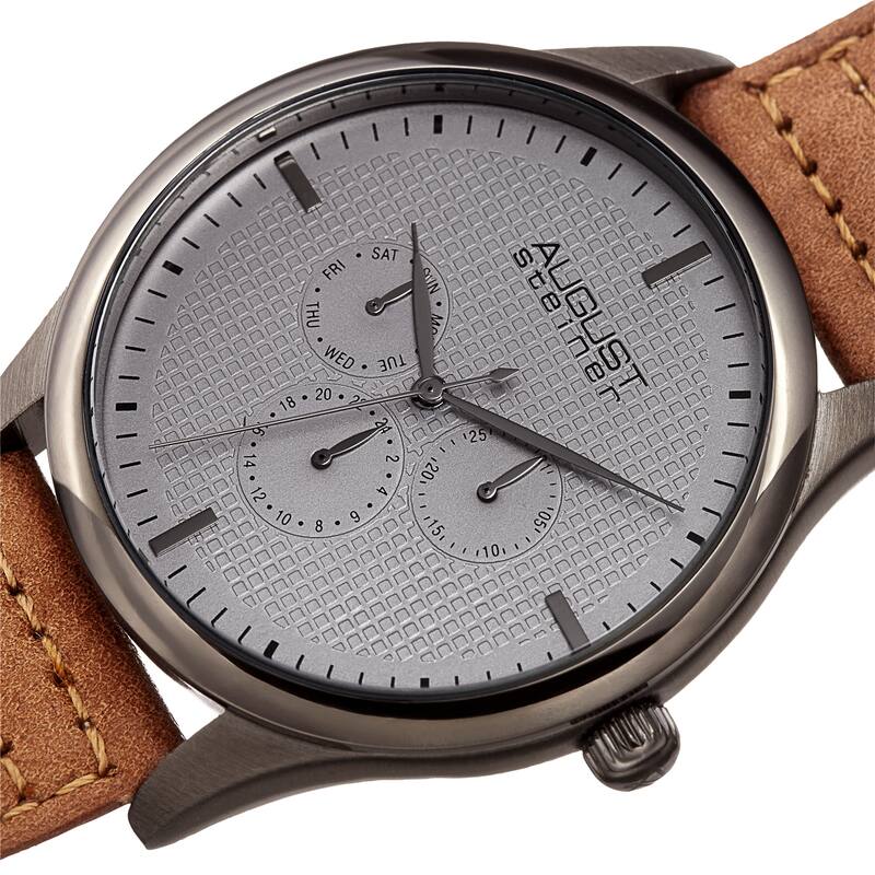August Steiner Men's Quartz Date Day Checkered Leather Strap Watch