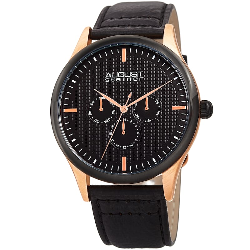 August Steiner Men's Quartz Date Day Checkered Leather Strap Watch - rich black