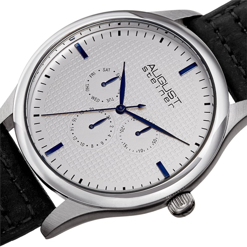 August Steiner Men's Quartz Date Day Checkered Black Leather Strap Watch