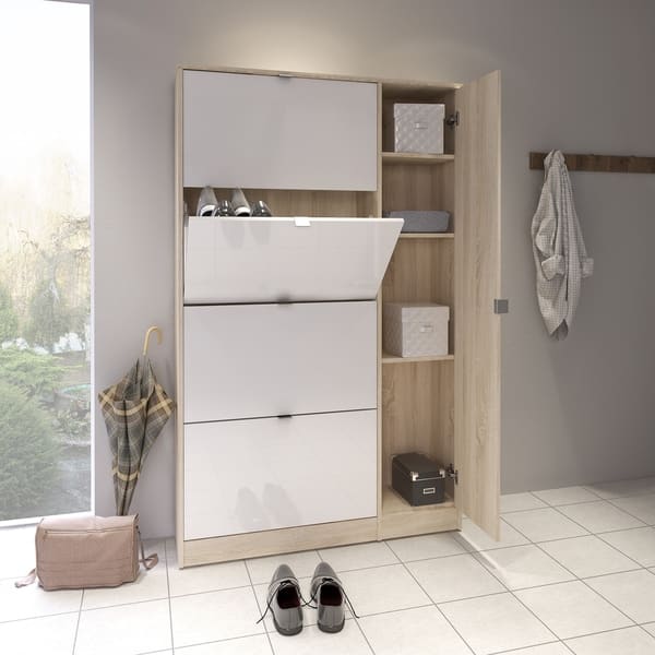 Shop Bright Oak And White High Gloss 4 Flap Doors Shoe Cabinet