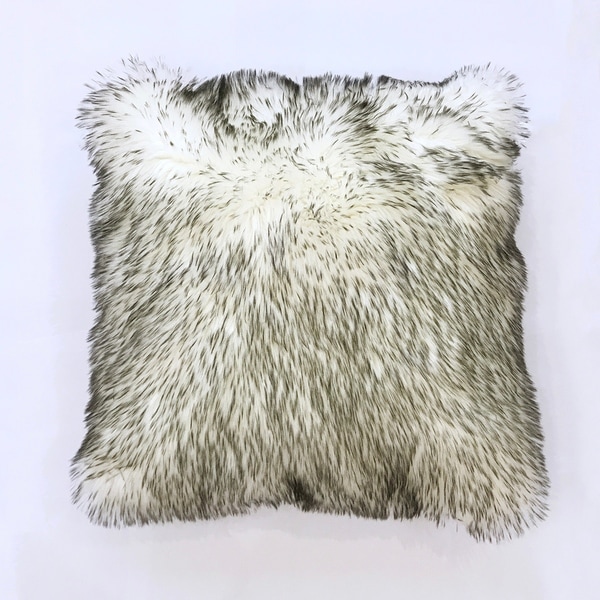 Faux Fur Shag Home Decor Pillow In White with Grey For Indoor