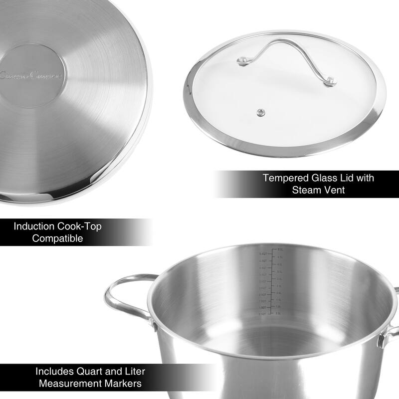 Stainless-Steel Stock Pot - 6-Quart Capacity Cookware with Glass Lid by Classic Cuisine