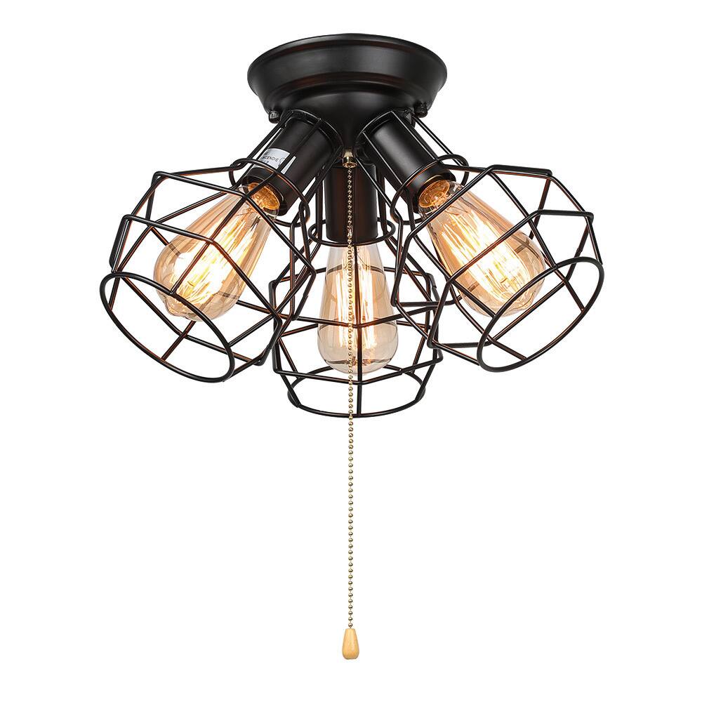 Black Wire Cage 3-light Pull String Flush Mount Ceiling Light