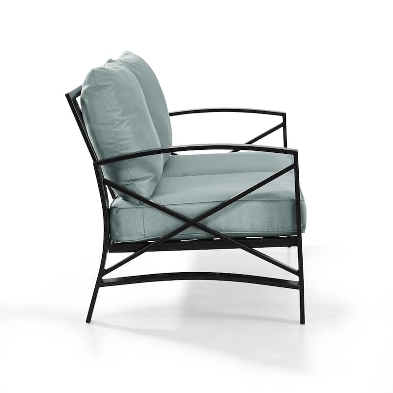 Crosley kaplan loveseat in oiled bronze with mist universal cushion cover