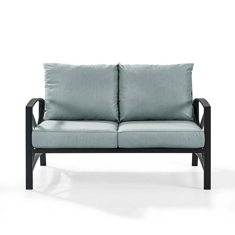 Crosley kaplan loveseat in oiled bronze with mist universal cushion cover